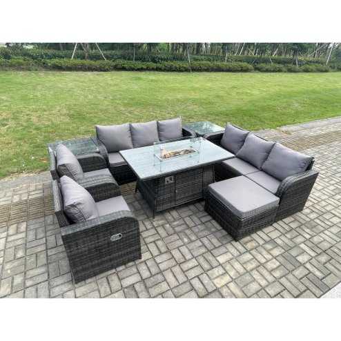 Fimous Wicker Rattan Garden Furniture Set Gas Fire Pit Dining Table Indoor Outdoor with 2 Side Tables Chair Loveseat Sofa Big Footstool