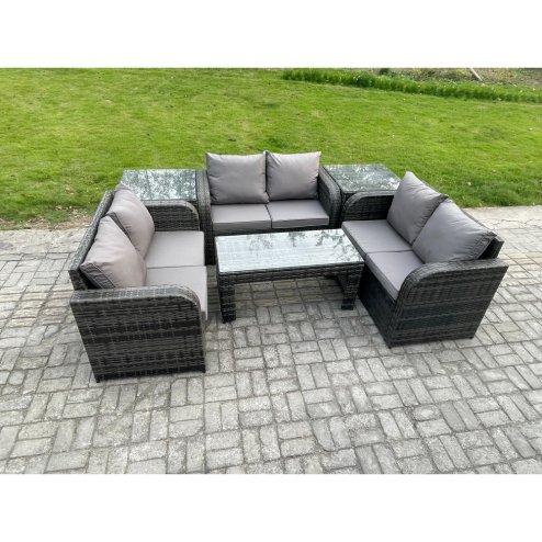 Fimous 6 Seater Rattan Garden Furniture Set Indoor Outdoor Patio Sofa Set with Coffee Table Love seat Sofa 2 Side Tables Dark Grey Mixed