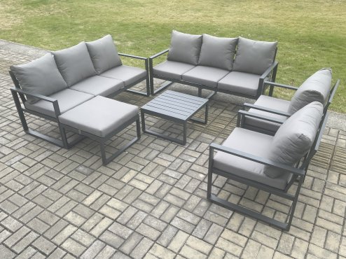 Fimous Aluminium Patio Outdoor Garden Furniture Lounge Sofa Set with Square Coffee Table 2 Chairs Big Footstool Dark Grey