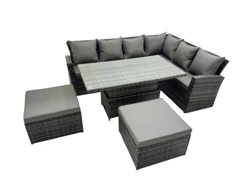 Fimous 8 Seat Rattan Garden Furniture Corner Sofa Set Outdoor Adjustable Lifting Dining or Coffee Table Set with 2 Big Footstools Dark Grey Mixed