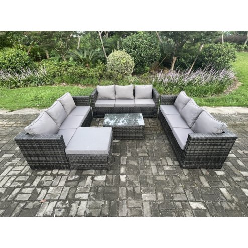 Fimous Outdoor Lounge Sofa Set Wicker PE Rattan Garden Furniture Set with Oblong Coffee Table Big Footstool Dark Grey Mixed