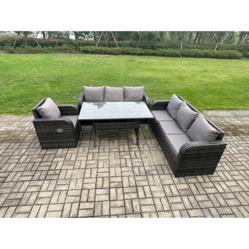 Fimous 7 Seater Lounge Rattan Sofa Set Outdoor Garden Furniture Oblong Rectangular Dining Table With Adjustable Chair Dark Grey Mixed