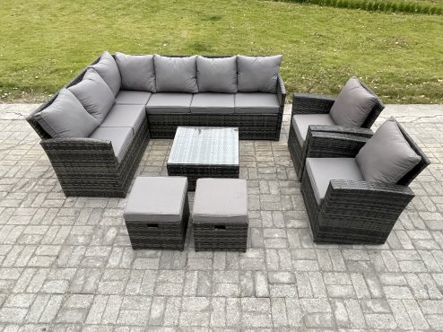 Fimous 10 Seater Outdoor Garden Furniture Set Wicker PE Rattan Corner Sofa Set with Square Coffee Table 2 Small Footstools 2 Armchairs Dark Grey Mixed