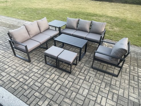 Fimous Aluminium 9 Seater Garden Furniture Outdoor Patio Sofa Set with Rectangular Coffee Table Armchair 2 Small Footstool Side Table Dark Grey