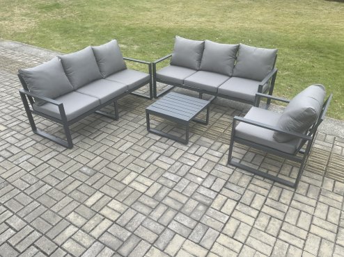 Fimous Aluminium 7 Seater Outdoor Garden Furniture Lounge Sofa Set with Square Coffee Table Chair Dark Grey