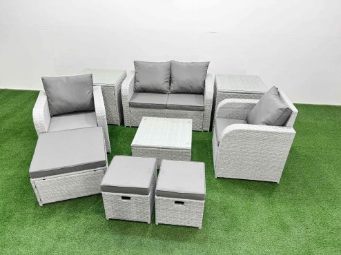 Fimous Light Grey PE Wicker Rattan Garden Furniture Set Sofa Set Reclining Adjustable Chair Square Coffee Table 7 Seater 3 Stools 3 Side Table Image