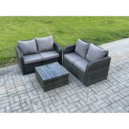 Fimous Rattan Sofa Set Outdoor Garden Furniture Set with Square Coffee Table Loveseat Sofa Dark Grey Mixed
