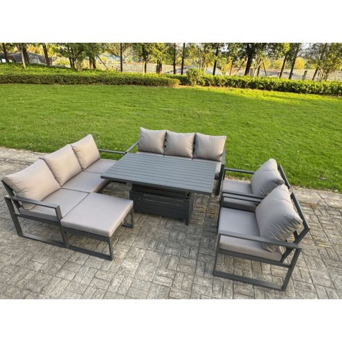 Fimous Garden Aluminium Furniture Set Dark Grey 8 Seater Outdoor Patio Adjustable Rising Lifting Dining Table with 2 Chairs 2 Side Tables Dark Grey