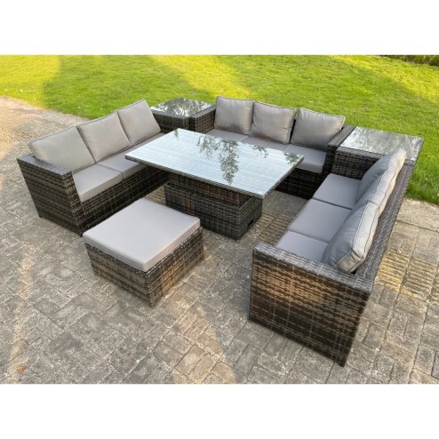 Fimous U Shape Rattan Gardern Furniture Dining Sofa Set Adjustable Rising Dining Table With 2 Side Coffee Table Extra Big Footstool
