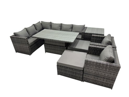 Fimous 10-seater Height Adjustable Rising Lifting Table Corner Sofa Set Rattan Garden Furniture Dining Set with 2 Big Stools Side Table Dark Grey Mixed