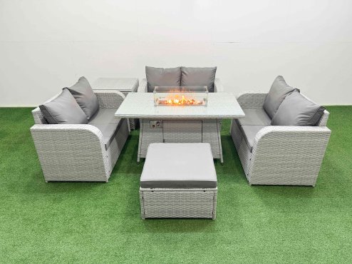 Fimous 7 Seater PE Wicker Rattan Furniture Sofa Sets with Firepit Dining Table 2 Seater Love Sofa Big Footstool Side Table Light Grey