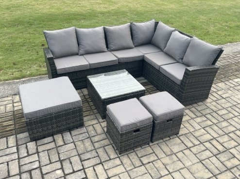 Fimous Rattan Garden Furniture Set Outdoor Lounge Corner Sofa Set With Square Coffee Table 3 Footstools 9 Seater Dark Grey Mixed