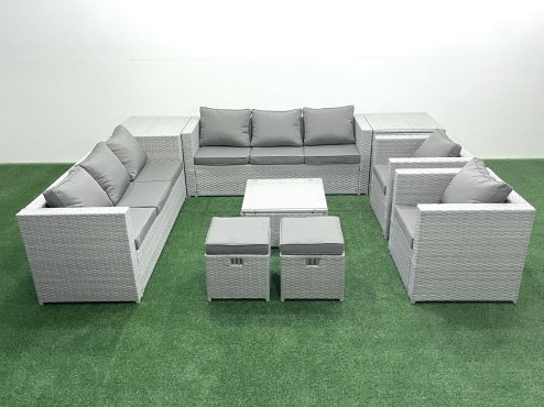Fimous Outdoor Rattan Sofa Garden Furniture Set with 2 Armchairs Square Coffee Table 2 Small Footstools 2 Side Tables Light Grey Mixed