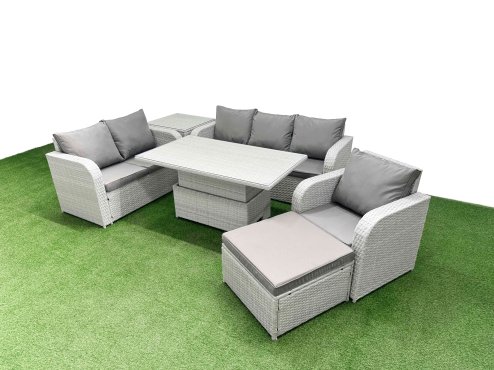 Fimous Patio PE Wicker 7 Seater Outdoor Rattan Furniture Sofa Sets with Adjustable Lifting Dining or Coffee Table Reclining Chair Loveseat Sofa 3 Seater Sofa Big Footstool Side Table Light Grey