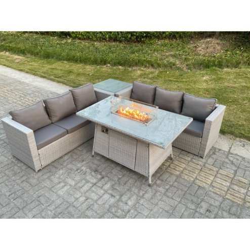 Fimous Light Grey Corner Rattan Fire Pit Garden Furniture Set Gas Heater Burner Lounge Sofa Dining Table With Side Coffee Table