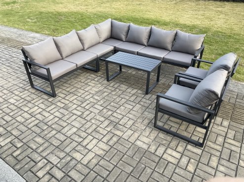 Fimous Aluminium Patio Outdoor Garden Furniture Lounge Corner Sofa Set with Oblong Coffee Table 2 Chairs Dark Grey