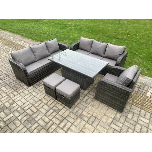 Fimous Outdoor Rattan Garden Furniture Sets Height Adjustable Rising lifting Dining Table Sofa Set with Reclining Chair 2 Small Footstool Dark Grey Mixed