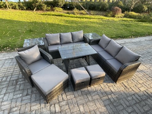 Fimous Wicker 9 Pieces Rattan Garden Furniture Sofa Set with Rectangular Dining Table Armchair 3 Footstools 2 Side Tables Dark Grey Mixed