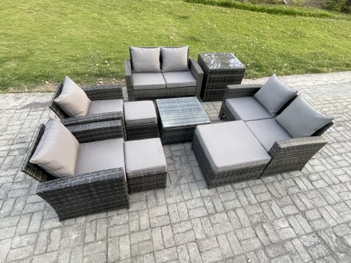 Fimous Outdoor Garden Furniture Sets 9 Pieces Wicker Rattan Furniture Manual Wicker Patio Sofa Patio Conversation Set with 3 Footstools Side Table Dark Grey Mixed