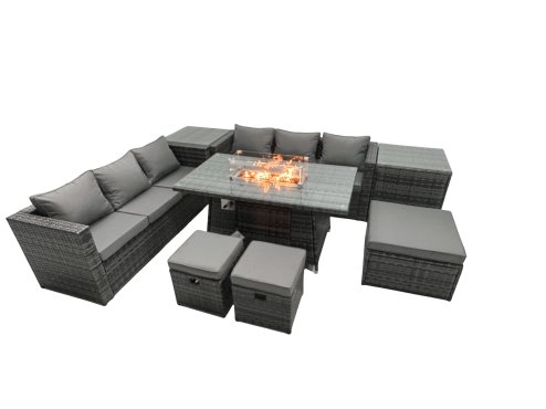 Fimous Rattan Garden Furniture Firepit Dining Set 9 Seater Lounge Sofa Table Set with 2 Side Table 3 Footstool