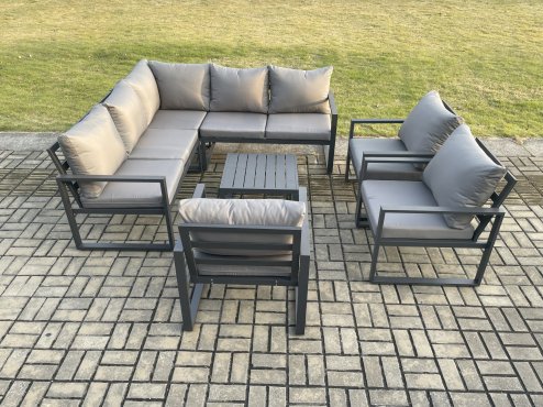 Fimous 8 Seater Outdoor Aluminium Garden Furniture Set Corner Lounge Sofa Set with Square Coffee Table Chair Dark Grey