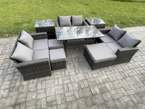 Fimous 9 Seater Wicker PE Rattan Garden Furniture Sets Outdoor Lounge Sofa Set with Oblong Dining Table Double Seat Sofa 3 Footstools 2 Side Tables Dark Grey Mixed