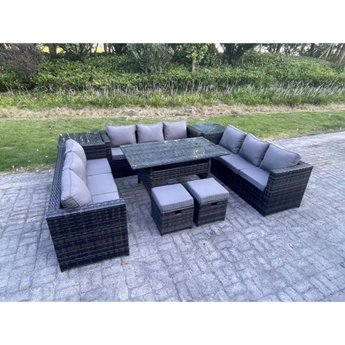 Fimous Outdoor PE Wicker Garden Furniture Rattan Lounge Sofa Set Patio Rectangular Dining Table with 2 Small Footstool 2 Side Table 11 Seater Dark Grey Mixed