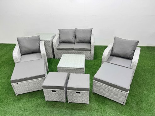 Fimous Outdoor Garden Furniture Set PE Rattan Love Sofa Reclining Chair Set with Coffee Table 4 Footstools Side Table Light Grey