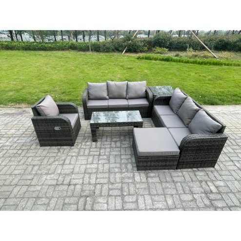 Fimous 8 Seater Wicker PE Rattan Sofa Set Outdoor Patio Garden Furniture Set with Side Table Reclining Chairs Coffee Table Big Footstool Dark Grey Mixed