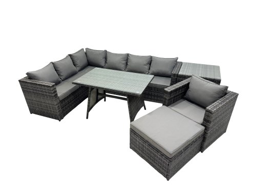 Fimous 8-seater Outdoor PE Rattan Sofa Set with Dining Table Patio Garden Furniture Sets with Chair Big Stool Side Table Dark Grey Mixed