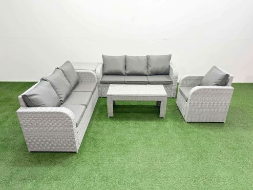 Fimous 7 Seater Poly Rattan Outdoor Garden Furniture Oblong Coffee Table Sofa Set Patio 3 Seater Sofa Reclining Chair 3 Seater Sofa Side Table Light Grey