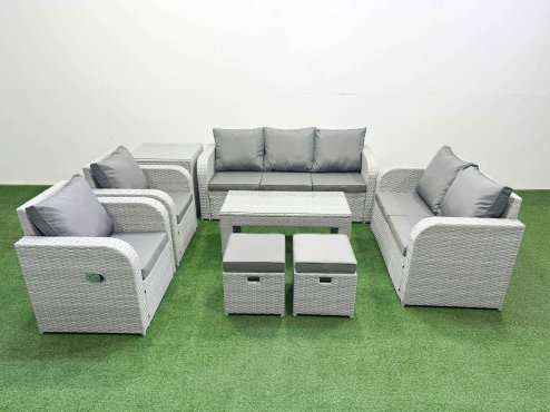 Fimous PE Rattan Garden Furniture Set Adjustable Chair Sofa Double Love Seat 2 Seater Sofa Lounge Set Rectangular Coffee Table 2 Stools Side Table Light Grey Image