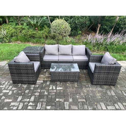 Fimous Rattan Garden Furniture Set with 3 Seater Sofa Coffee Table Side Table 2 Armchairs Indoor Outdoor Patio Lounge Sofa Set Dark Grey Mixed
