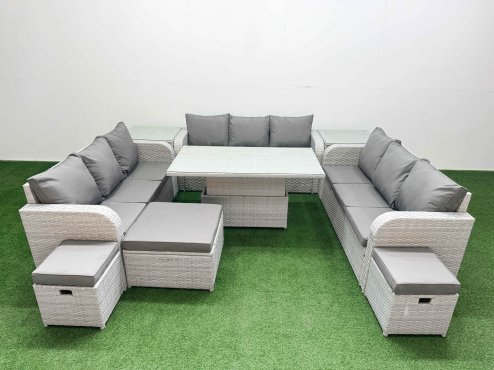 Fimous PE Rattan Lounge Sofa Set 12 Seater Outdoor Garden Furniture Set with Adjustable Lifting Dining or Coffee Table 3 Seater Sofa 3 Stools 2 Side Table Light Grey