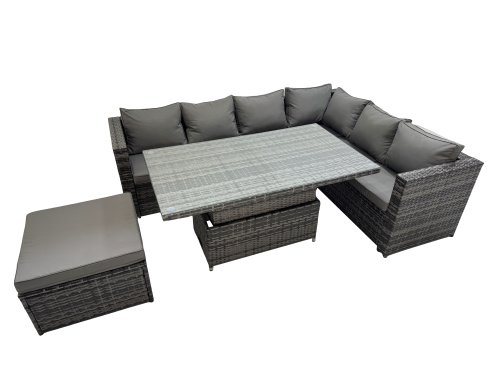 Fimous 7 Seater Rattan Height Adjustable Rising Lifting Table Corner Sofa Sets with Big Footstool Dark Grey Mixed