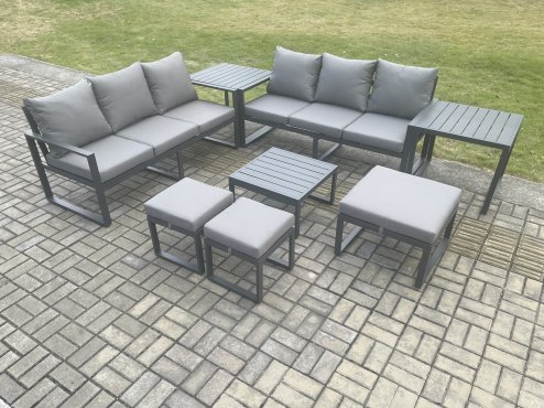 Fimous Aluminium 9 Seater Outdoor Garden Furniture Lounge Sofa Set with Square Coffee Table 3 Footstools 2 Side Tables Dark Grey