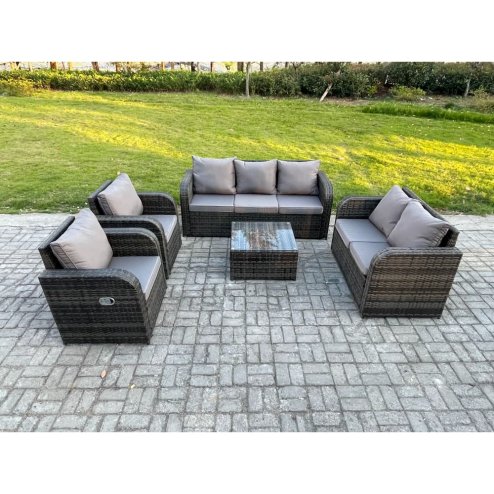 Fimous 7 Seater Garden Furniture Set Rattan Outdoor Lounge Sofa Chair With Tempered Glass Table Dark Grey Mixed