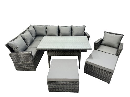 Fimous 9 Seat Rattan High Back Corner Sofa Set Patio Dining Table Set with 2 Big Stools Chair Dark Grey Mixed