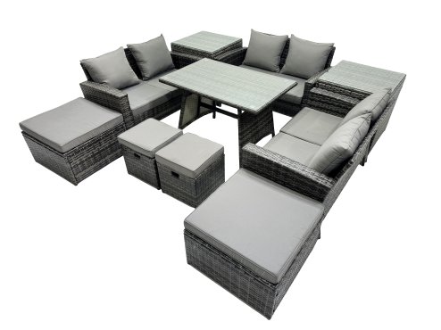 Fimous 10 Seater Wicker PE Rattan Furniture Outdoor Dining Table Double Seat Sofa 4 Stools 2 Side Table Set Dark Grey Mixed