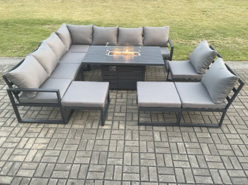 Fimous Aluminium 11 Seater Lounge Corner Sofa Outdoor Garden Furniture Sets Gas Fire Pit Dining Table Set with 2 Big Footstools Dark Grey