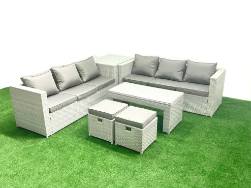 Fimous 8 Seater Garden Outdoor Rattan Furniture Set Rattan Garden Sofa Oblong Coffee Table with 2 Small Footstool Side Table Light Grey Mixed