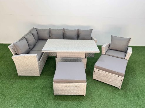 Fimous 9 Seat Rattan Outdoor Garden Furniture Corner Sofa Set Adjustable Lifting Dining or Coffee Table Set with 2 Big Footstools Light Grey