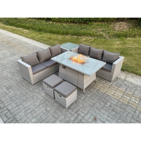 Fimous Light Grey Rattan FirePit Garden Furniture Set Gas Heater Burner Lounge Sofa Dining Table With Side Coffee Table 2 pc Stool