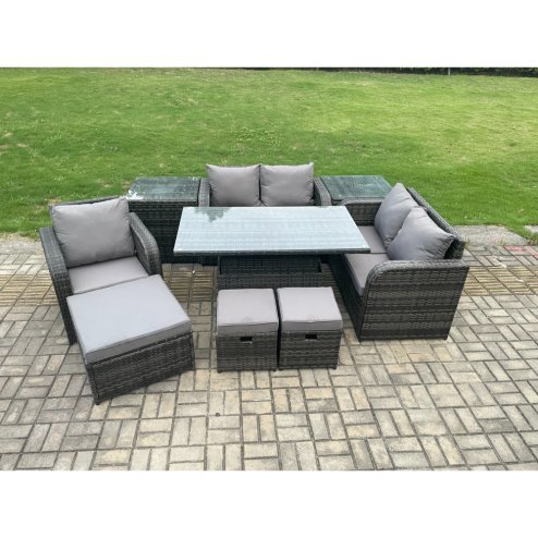 Fimous 8 Seater Rattan Furniture Garden Dining Set Outdoor Height Adjustable Rising lifting Table Love Sofa Chair With 2 Side Tables 3 Footstools