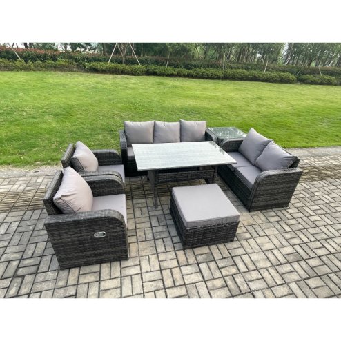 Fimous Dark Grey PE Wicker Rattan Garden Furniture Set Reclining Chair Love Sofa 2 Seater Sofa Set Outdoor Rectangular Dining Table Big Stools Side Table 8 Seater