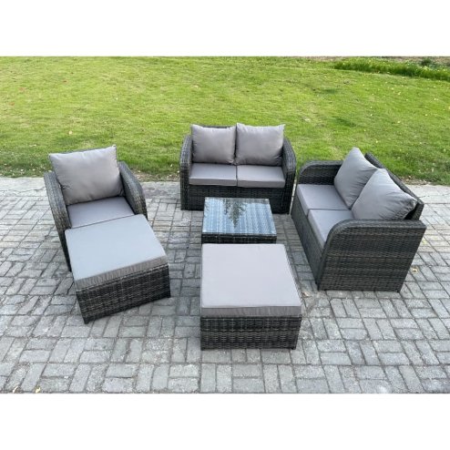 Fimous 7 Seater High Back Rattan Garden Furniture Set with Square Coffee Table 2 Big Footstool Love Sofa Indoor Outdoor Patio Lounge Sofa Set Dark Grey Mixed