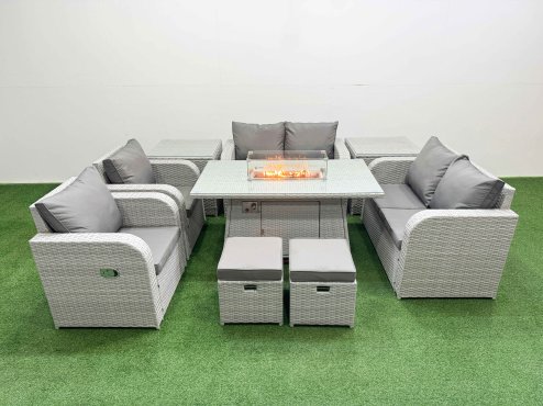 Fimous 8 Seater Outdoor Reclining Chair Love Sofa Set Rattan Garden Furniture Set with Firepit Dining Table 2 Stools 2 Side Table Light Grey