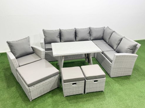Fimous 10 Seater Garden Outdoor Rattan Furniture Set Rattan Corner Sofa Oblong Dining Table with Armchair 2 Small Footstools Light Grey Mixed