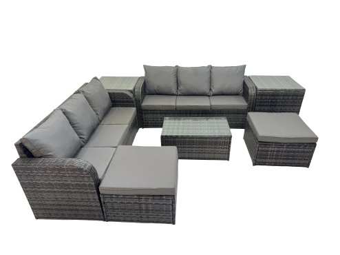 Fimous Outdoor 3 Seater Sofa Coffee Table Set Garden Rattan Furniture Set 8 Seater with 2 Big Stool 2 Side Tables Dark Grey
