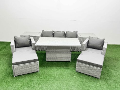 Fimous 8 PCs Rising Dining Table Set Rattan Furniture Set with 3 Seater Sofa Chair 2 Big Footstools 2 Side Tables Light Grey